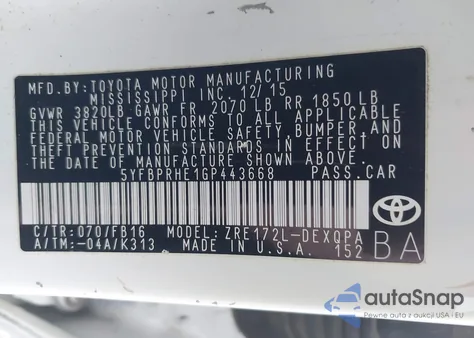 2016 Toyota Corolla Le Eco из США, поврежденный, VIN 5YFBPRHE1GP443668